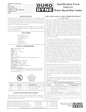 Job Specification Form for Water Based Duct Sealer