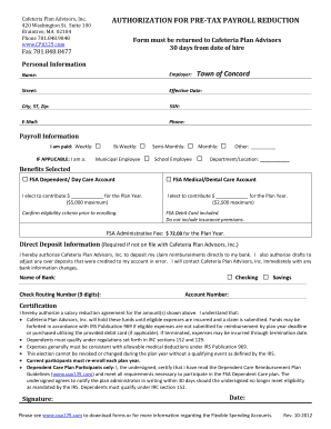 Cafeteria Plan Pre-Tax Payroll Reduction Authorization