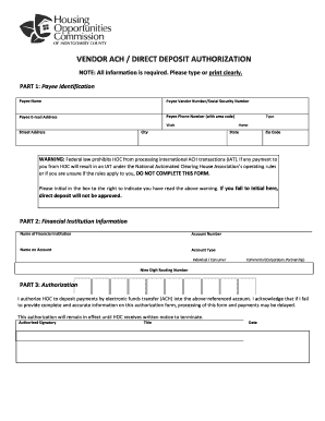 Vendor ACH Direct Deposit Authorization
