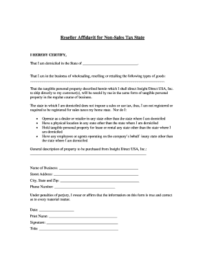 Reseller Affidavit for Non-Sales Tax State