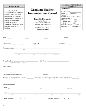 Brandeis University Graduate Student Immunization Record