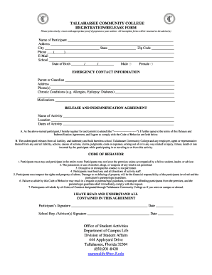 Tallahassee Community College Registration Release Form
