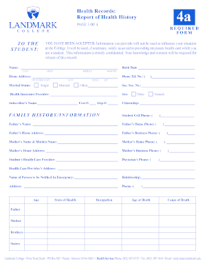 Health Records Report of Health History Form