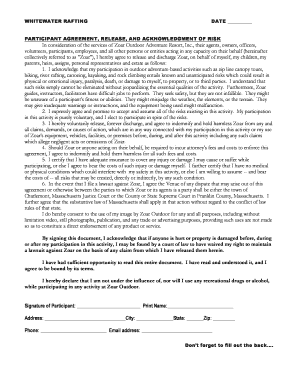 Whitewater Rafting Participant Agreement
