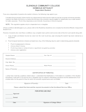 Arizona Domicile Affidavit for Dependent Students