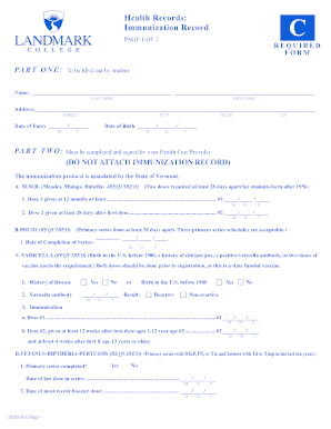 Vermont Immunization Record Form 4CC