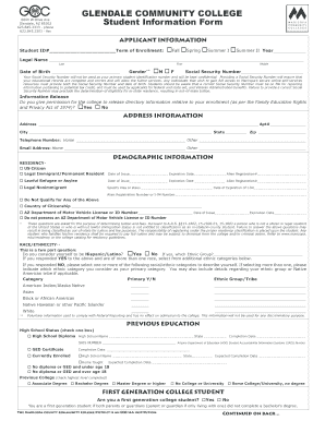 Glendale Community College Student Information Form