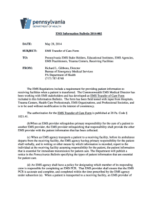 Pennsylvania EMS Transfer of Care Form