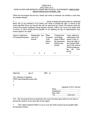 Nomination for Benefits Under Central Government Employees Group Insurance Scheme