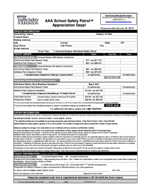 AAA School Safety Patrol Group Ticket Order Form