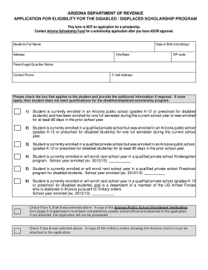 Arizona Disabled Displaced Scholarship Eligibility Application