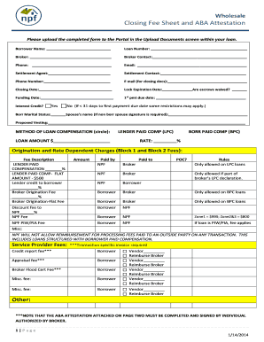 Wholesale Closing Fee Sheet and ABA Attestation