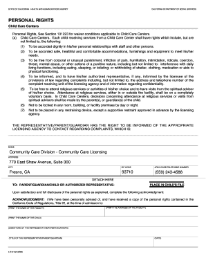 California Child Care Center Personal Rights Notice