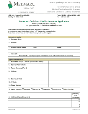 Errors and Omissions Liability Insurance Application