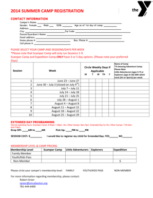 YMCA Summer Camp Registration Form