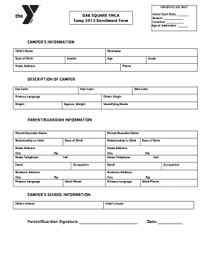 YMCA Camp 2013 Enrollment Form