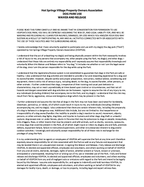 Hot Springs Village Dog Park Waiver and Release