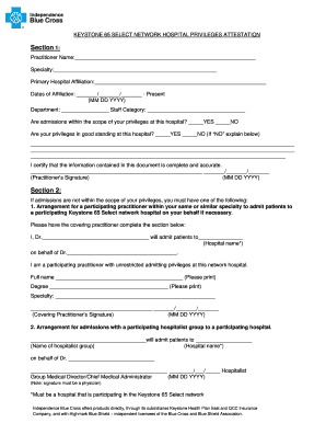 Keystone 65 Select Network Hospital Privileges Attestation