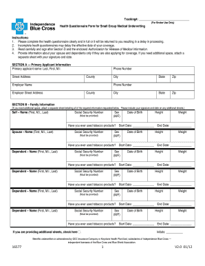Health Questionnaire Form for Small Group Medical Underwriting