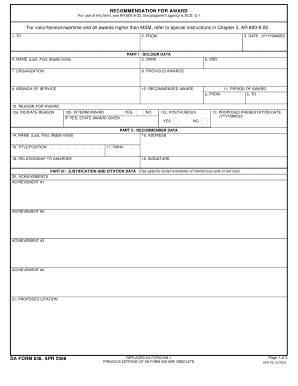 DA Form 638 Recommendation for Award