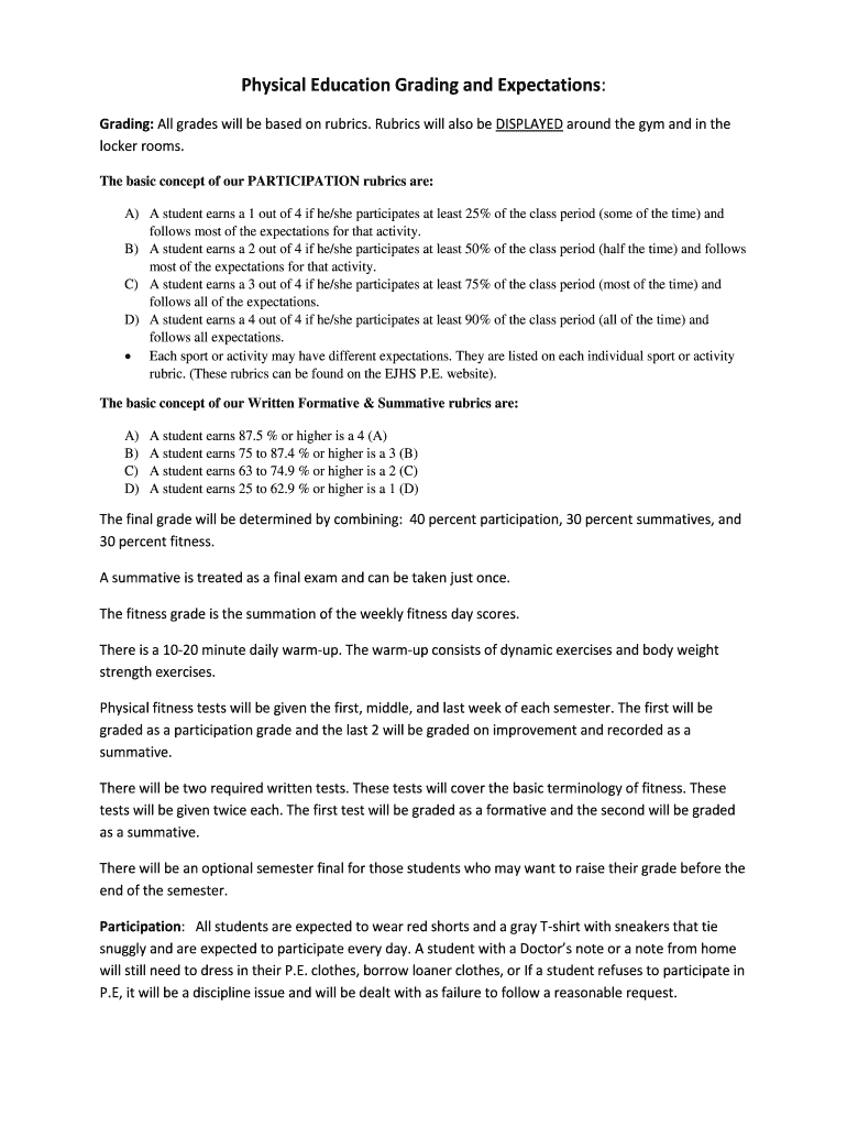 Fillable Online eastmont206 Physical Education Grading and Expectations