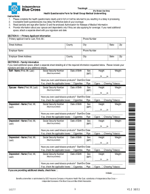 Health Questionnaire Form for Small Group Medical Underwriting