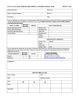 USF International Mail Service Document