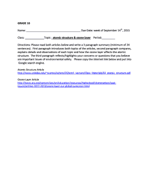 Grade 10 Atomic Structure and Ozone Layer Assignment
