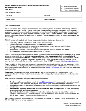 TJHSST Teacher Recommendation Form