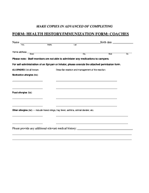 Health History/Immunization Form for Coaches