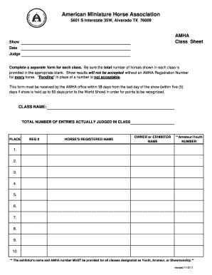 AMHA Show Class Sheet