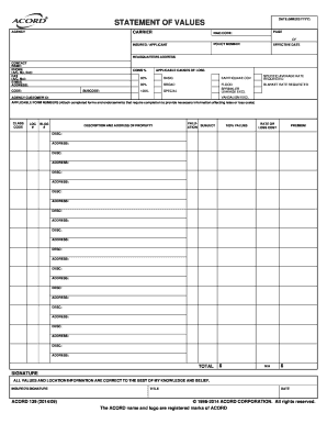 Insurance Statement of Values Form
