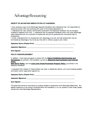 Advantage Associate Policy Handbook Acknowledgment Form