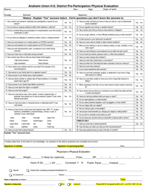 Anaheim Union H.S. District Pre-Participation Physical Evaluation
