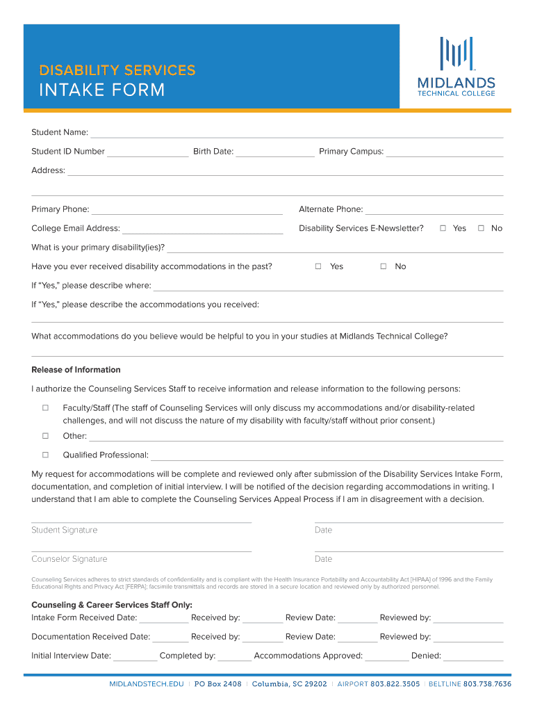 Fillable Online midlandstech DISABILITY SERICES INTA ORM Midlands