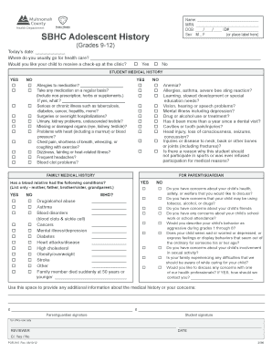 SBHC Adolescent Health History Form