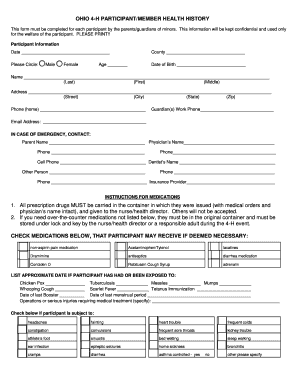 Ohio 4-H Participant Health History Form