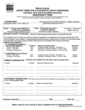 Marion County Group Term Life & Accident Insurance Beneficiary Form