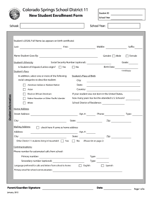 Colorado Springs School District 11 New Student Enrollment Form