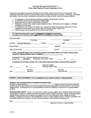 Pikes Peak Regional Student Medication Form