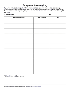 Equipment Cleaning Log