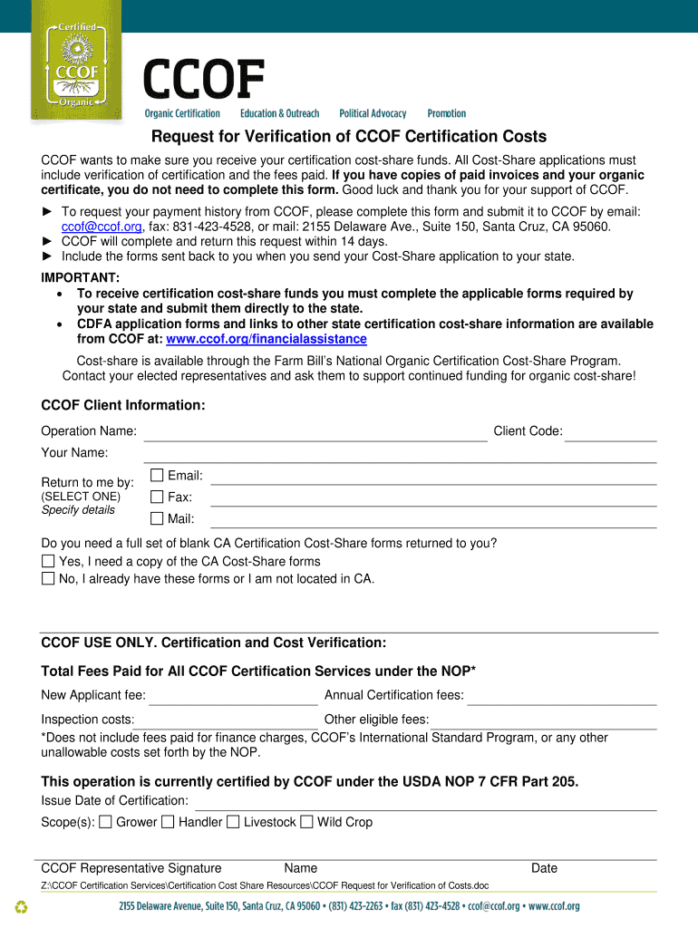 Fillable Online ccof Request for Verification of CCOF Certification