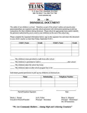 School Dismissal Authorization Form
