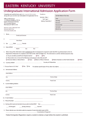 Eastern Kentucky University Undergraduate International Admission Application Form