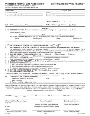 Western Fraternal Life Certificate Service Request