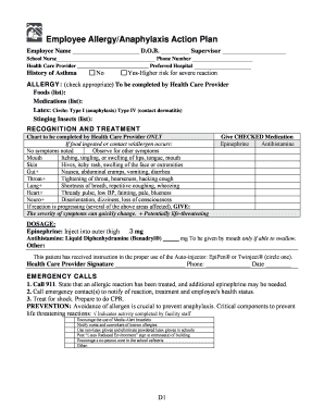 Employee Allergy Anaphylaxis Action Plan