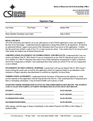 FAFSA Signature Page