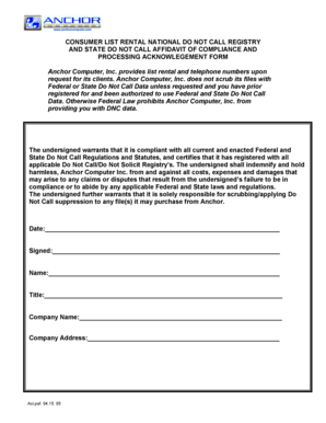 Consumer List Rental Do Not Call Compliance Form