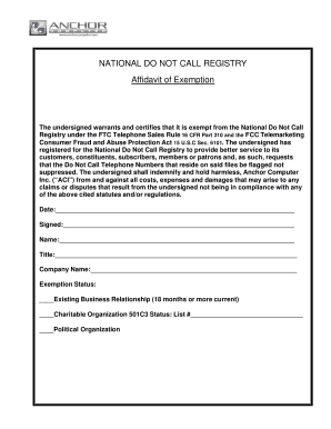 National Do Not Call Registry Exemption Affidavit
