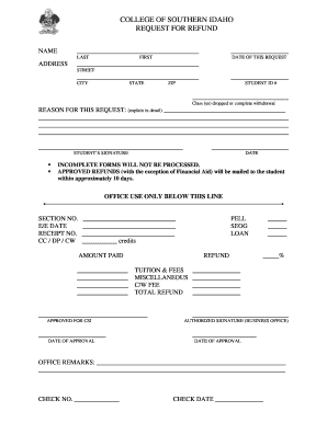 College of Southern Idaho Request for Refund